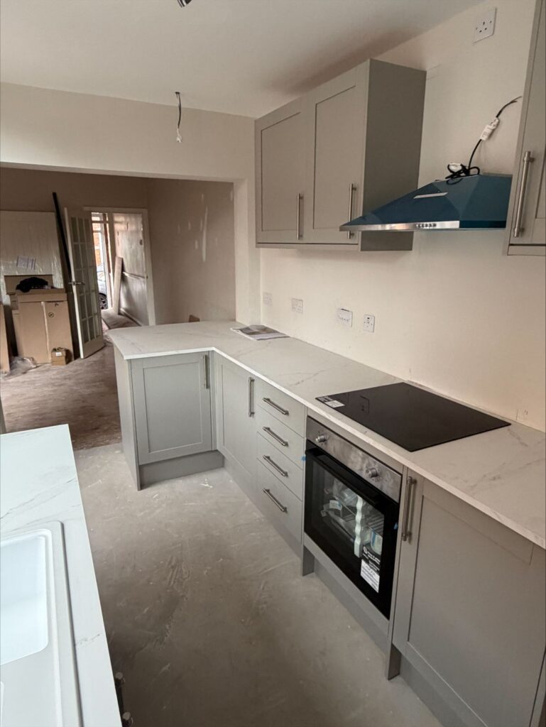 Grey kitchen units after kitchen fitting in Redditch